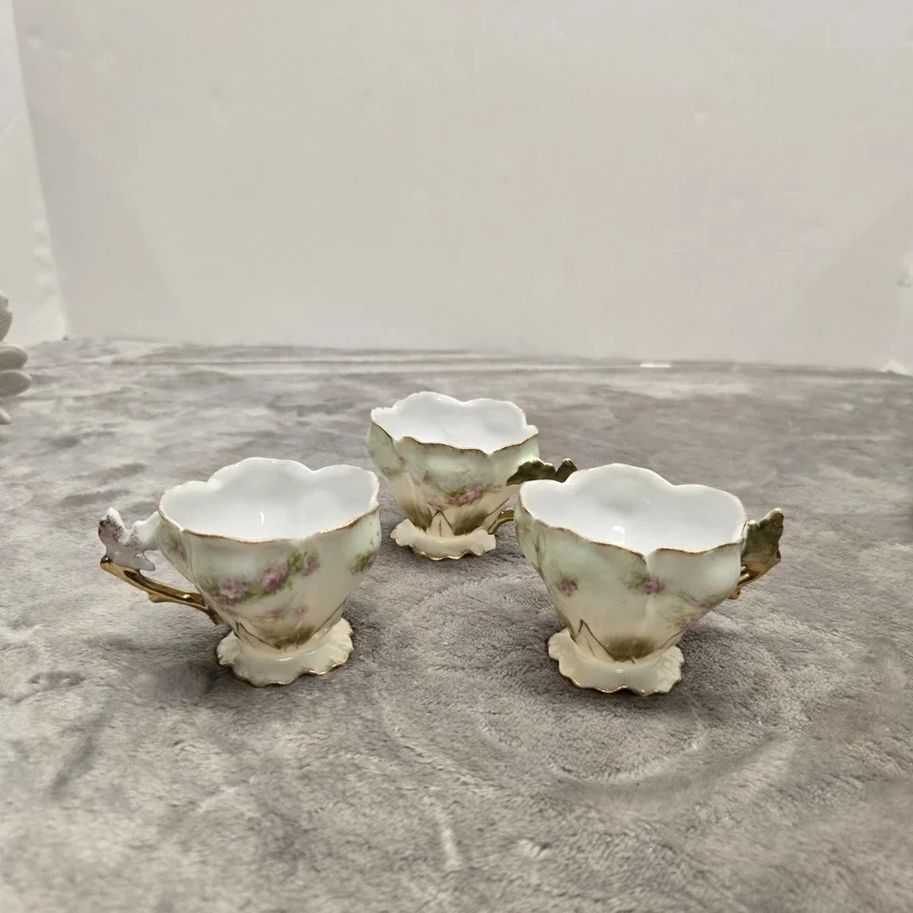 Vintage Miniature Porcelain Floral Teacups Set of 3 Gold Trim Bird Handle Rose